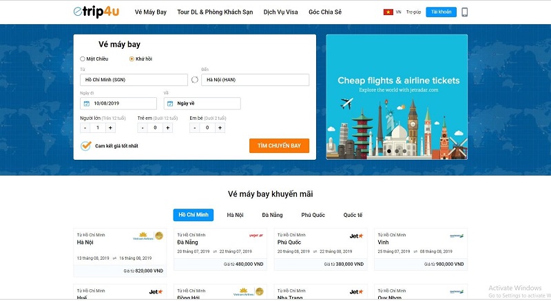 Giao diện đặt V&eacute; m&aacute;y bay tr&ecirc;n Etrip4u.com