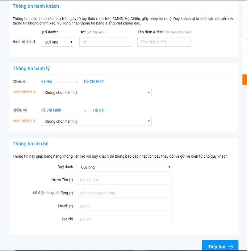 Giao diện điền th&ocirc;ng tin h&agrave;nh kh&aacute;ch
