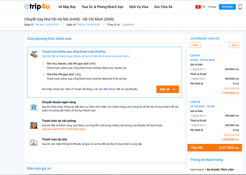 Giao diện lựa chọn phương thức thanh to&aacute;n tr&ecirc;n Etrip4u.com