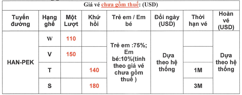 Bảng giá vé Air China Bảng giá vé Air China