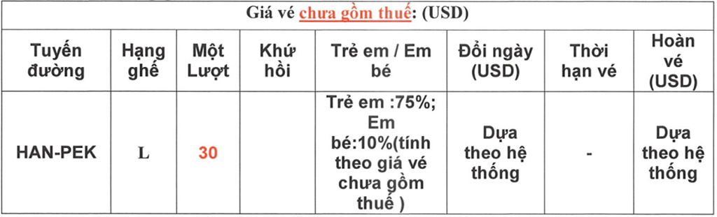 Bảng giá Air China Bảng giá Air China
