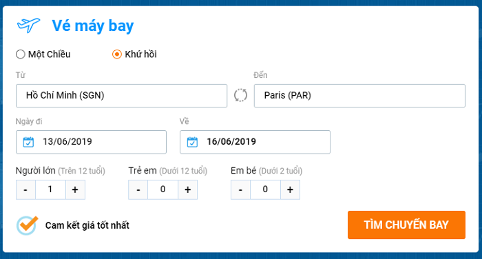 Bước 1 đặt vé máy bay khứ hồi Hồ Chí Minh - Pháp