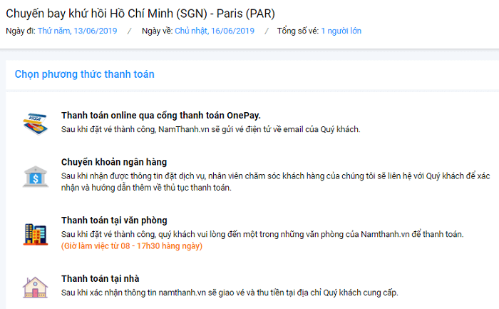 Các hình thức thanh toán vé máy bay khứ hồi HCM - Pháp