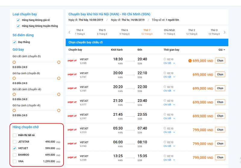 Giao diện lựa chọn chuyến bay trên Vnbuy.vn Giao diện lựa chọn chuyến bay trên Vnbuy.vn