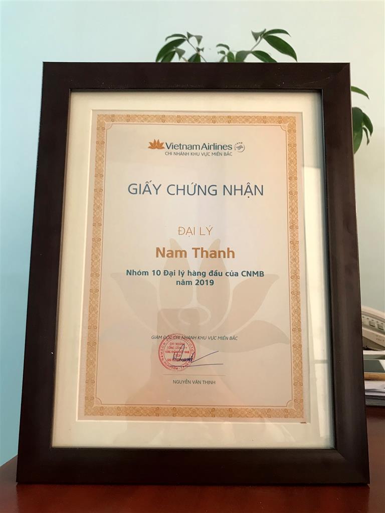 Giấy chứng nhận Nam Thanh là top 10 đại lý hàng đầu của Vietnam Airlines