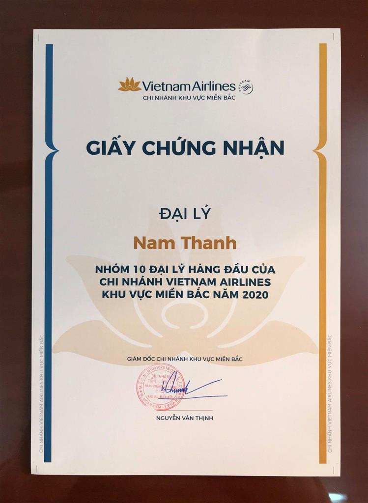 Giấy chứng nhận Top 10 Đại l&yacute; xuất sắc nhất Vietnam Airlines trao cho Nam Thanh