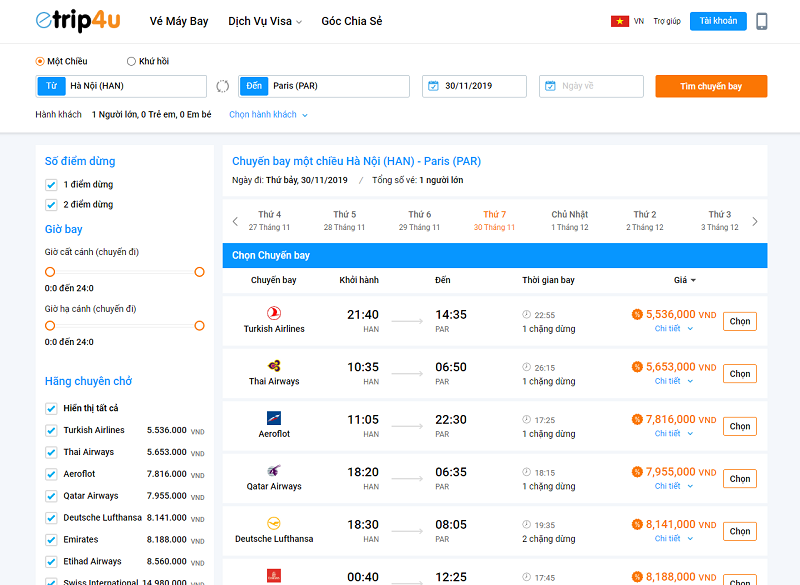 Giao diện lựa chọn chuyến bay tr&ecirc;n website Vnbuy.vn