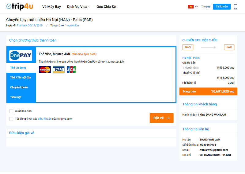 Giao diện thanh to&aacute;n của Vnbuy