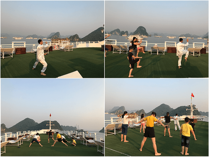 Khởi động ngày mới bằng bài tập Taichi trên thuyền Khởi động ngày mới bằng bài tập Taichi trên thuyền