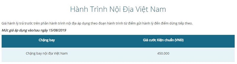 Mức phí cho hành lý trả trước của Vietnam Airlines hành trình nội địa Mức phí cho hành lý trả trước của Vietnam Airlines hành trình nội địa